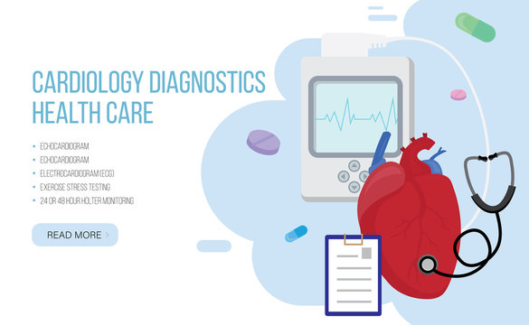 Heart tests or Cardiology diagnostics concept.Vector design with human heart, holter monitor, stethoscope and pills on blue backround.