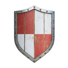 Wooden medieval shield, viking shield painted red and white, isolated on white background, 3d...