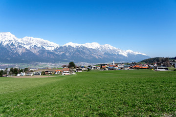 Fototapeta na wymiar Innsbruck, view of the snow-capped Alps mountains. Beautiful mountains.