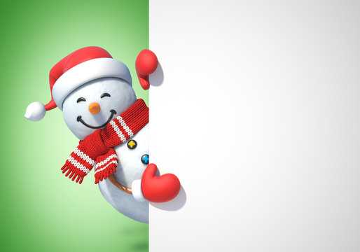 Snowman behind blank white poster, copy space greeting card template, 3d rendering