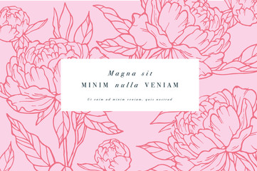 Vintage card with peony flowers. Floral wreath. Flower frame for flowershop with label designs. Summer floral rose greeting card. Flowers background for cosmetics packaging. © oxygen_8
