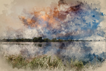 Watercolor painting of Stunning dramatic mammatus clouds formation over lake landscape immediately prior to violent storm