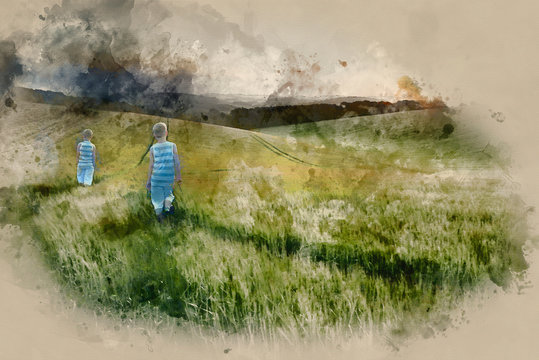 Watercolor painting of Concept landscape young boys walking through field at sunset in Summer