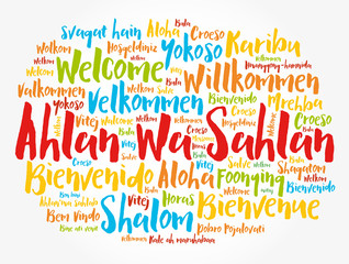 Ahlan Wa Sahlan (Welcome in Arabic) word cloud in different languages, conceptual background