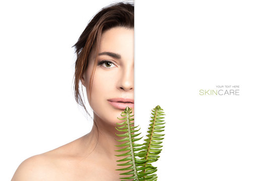 Organic cosmetics and skin care concept with a beautiful young woman with green leaves