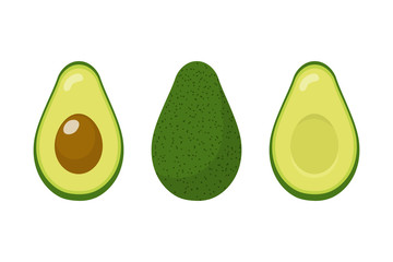 Set of fresh whole and half avocado isolated on white background. Organic food. Cartoon style. Vector illustration for design. - obrazy, fototapety, plakaty