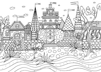 coloring fairy castles, houses and trees for children and adults hand-drawn in black ink with fine details on an isolated white background, a series of anti-stress for creativity