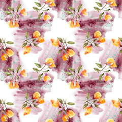 flowers watercolor orange and leaves on a seamless purple-white background for use in design, textiles, wrapping paper