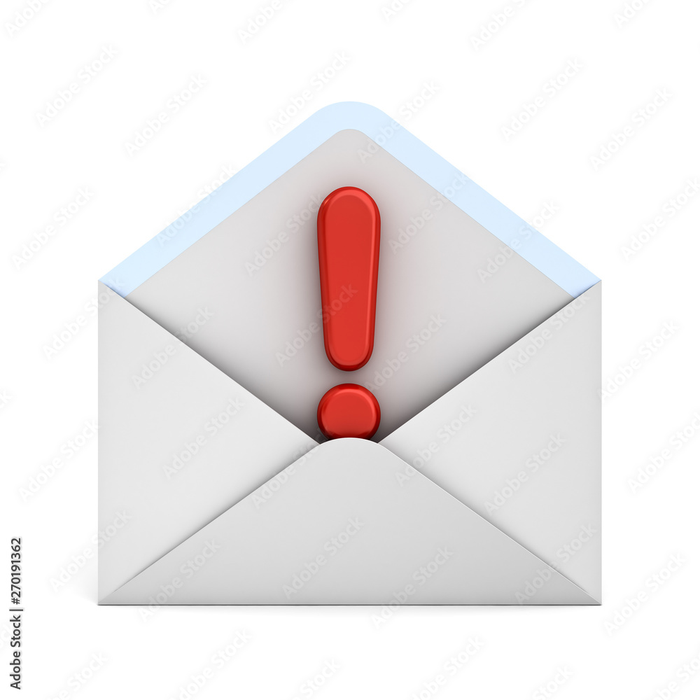Aufkleber Alert email message concept Exclamation mark in white envelope isolated on white background with shadow 3D rendering