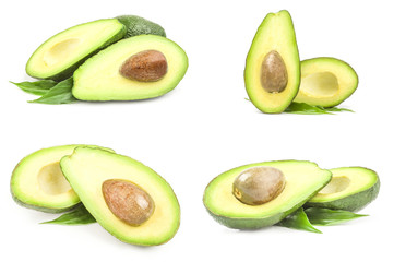 Collage of ripe avocados isolated over a white background