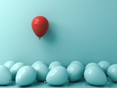 Stand out from the crowd and different creative idea concepts One red balloon floating above other blue balloons over green blue pastel color wall background with reflections and shadows 3D rendering