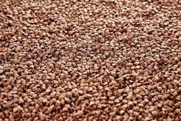 Textured background of natural buckwheat spread out on the table