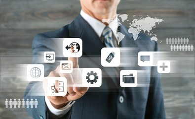 Businessman and  analytics symbol on  background