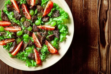 warm salad with chicken liver and grapes on a wooden table