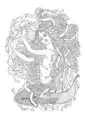 Vector drawing fantastic sea mermaid sitting with wavy developing hair and long tangled ribbon.  Ornamental decorated graphic Coloring page sea nymph. Design card, print on t-shirt on white back.