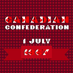 Happy Canada day card. Pattern with red and white color modern typography for celebration design, flyer, banner on checkered background. National flag style