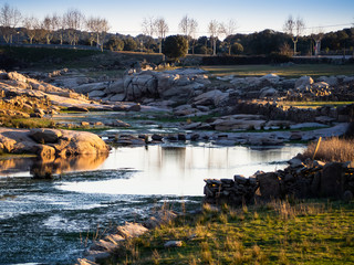 View of a section of the reservoir of La Almendra in Salamanca (Spain) in winter dry season