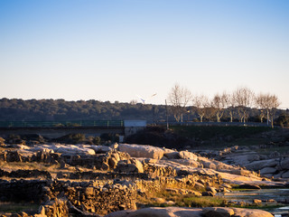 View of a section of the reservoir of La Almendra in Salamanca (Spain) in winter dry season