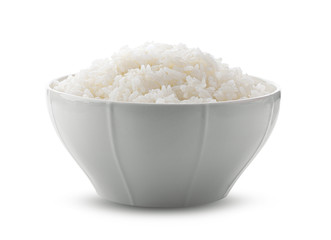 Cooked Jasmin Rice in white bowl on white background. full depth of field