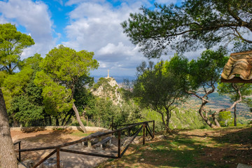 View to Creu d'es Picot, tall stone cross at the Santuari de Sant Salvador, Sanctuary of Sant Salvador, near Felanitx, Majorca, Balearic Islands, Spain