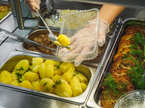 Cuisine cafeteria buffet with food. Self-service food display showcase