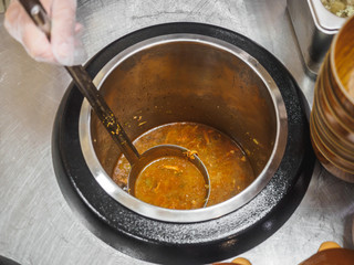 Cuisine cafeteria buffet with food. Self-service food display showcase