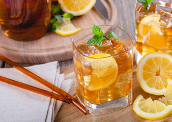 Glass of Refreshing Ice Tea With Lemon Slices