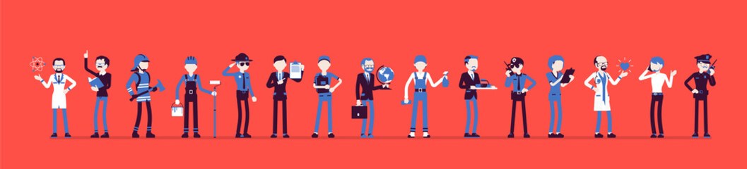 Different male professions and business. Working people, men in occupation standing together, employee union and career. Vector illustration with faceless characters, full length
