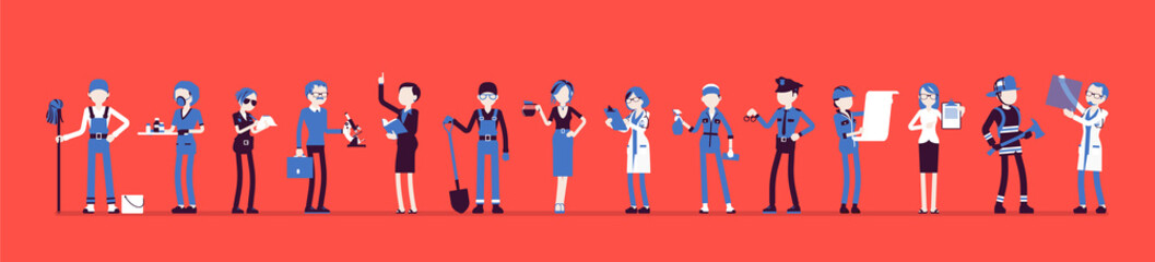 Different male, female professions and business. Working people, in occupation standing together, employee union, career. Vector illustration with faceless characters, full length