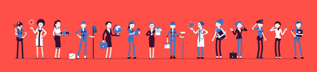 Different female professions and business. Working people, women in occupation standing together, employee union, career. Vector illustration with faceless characters, full length