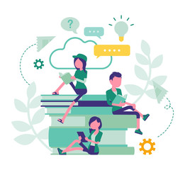 Student friends reading books. Young people studying at a university, college for higher education, teens learning at school, preparing for exam. Vector abstract illustration with faceless character