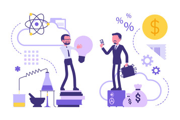 Science and business collaboration. Businessman and science researcher, education for innovation. Vector abstract illustration with faceless character