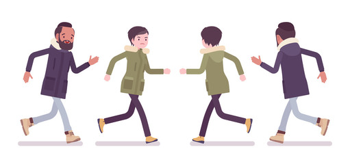 Parka man and woman running. Young guy, girl wearing warm windproof jacket with hood, cold weather city outfit. Vector flat style cartoon illustration isolated on white background, front, rear, view