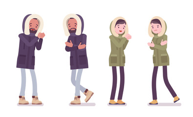 Parka man and woman shivering feeling cold. Young guy and girl wearing warm windproof jacket with hood, cold weather city outfit. Vector flat style cartoon illustration isolated on white background © andrew_rybalko