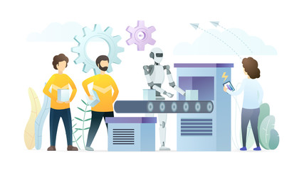 Robots replacing manual work flat illustration. Cyborg standing near conveyor belt cartoon character. Human experts, supervisors monitoring humanoid performance, efficiency. Futuristic smart industry.