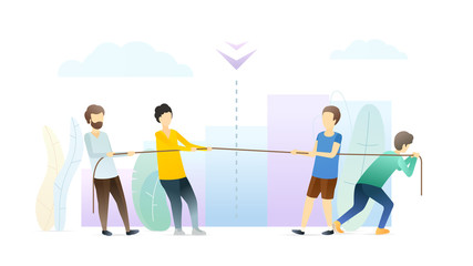 Competition between people flat illustration. Men pulling rope, tug of war game. Boys competing, choosing stronger person. Accepting challenge, testing strength, skills, competencies metaphor.
