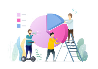 Experts prepare statistic report flat illustration. Manager, analysts creating pie chart metaphor. Male supervisor, boss giving instructions standing on electric scooter. Confused worker on ladder.