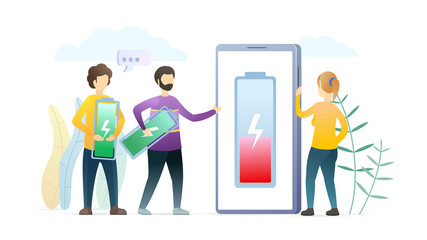 Phone with low battery level vector illustration. Cartoon technicians, repairmen replace damaged battery flat characters. Electronics experts solving smartphone malfunction, helping female customer.