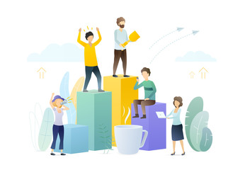 Ranking people flat vector illustration. Company workers rating positions. Employees competition at workplace. Social status hierarchy metaphor. Happy winner holding trophy, prize cartoon character.