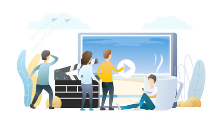 Filming movies process flat vector illustration. Film director, assistant shooting scene on  seaside. Movie producer discussing location details. Filmmaking team preview episode on big screen.