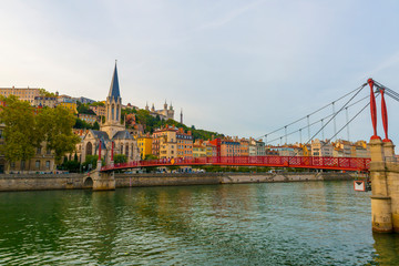 Naklejka premium River and Bridge in Lyon, France.