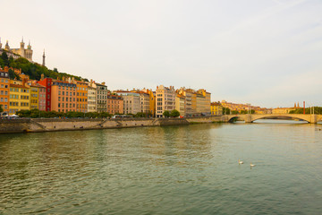 Obraz premium River and City in Lyon, France.