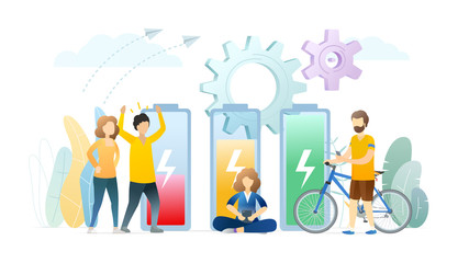 Life energy metaphor flat vector illustration. Exhausted, angry people with low battery level. Woman enjoys reading from smartphone. Energetic man, cyclist with fully charged battery.