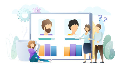 Choosing candidates for job flat illustration. Human resources experts comparing applicants resumes. Assessment of personnel, staff skills and competence. Headhunters selecting workers, employees.