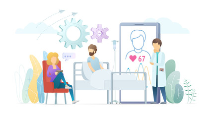 Diagnostics of heart diseases flat vector illustration. Patient on hospital couch talking with relative, visitor. Doctor, cardiologist giving consultation, using modern diagnostics technology.