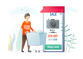 Buying gadgets online flat vector illustration. Man with shopping cart looking for discount. Customer using e-store, ordering action camera in Internet. Boy using smartphone eshopping application.