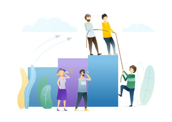 People helping each other flat vector illustration. Community saving the needy from social bottom metaphor. Throwing rope in abyss, offering helping hand. Corporate social responsibility.