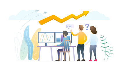 Teaching new workers flat vector illustration. First day at work for young specialists. Male expert explaining details to newcomers. Finance analyst, economist sharing knowledge at workshop, tutorial.