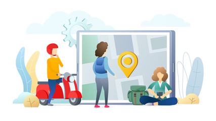 Tourists using navigation app flat illustration. Woman searching location on smartphone screen. Cartoon backpackers finding route. Geotag on city map. Travelling biker asking direction.