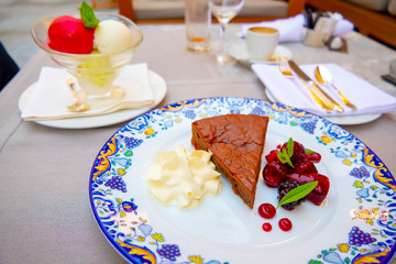 Chocolate Cake and Ice Cream on Table.
